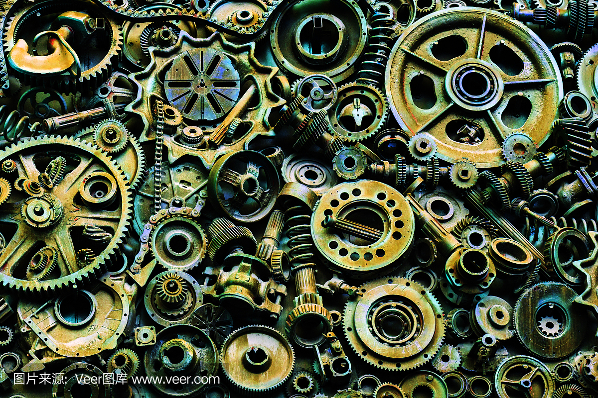 蒸汽朋克的紋理,背景與機(jī)械零件,齒輪,蒸汽朋克齒輪,堆汽車零件,舊生銹的鐵鏈,彈簧,車輪,接近